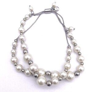 RMN Beaded Pearl Double Layered Bracelet Silver Tone Slide Closure Adjustable
